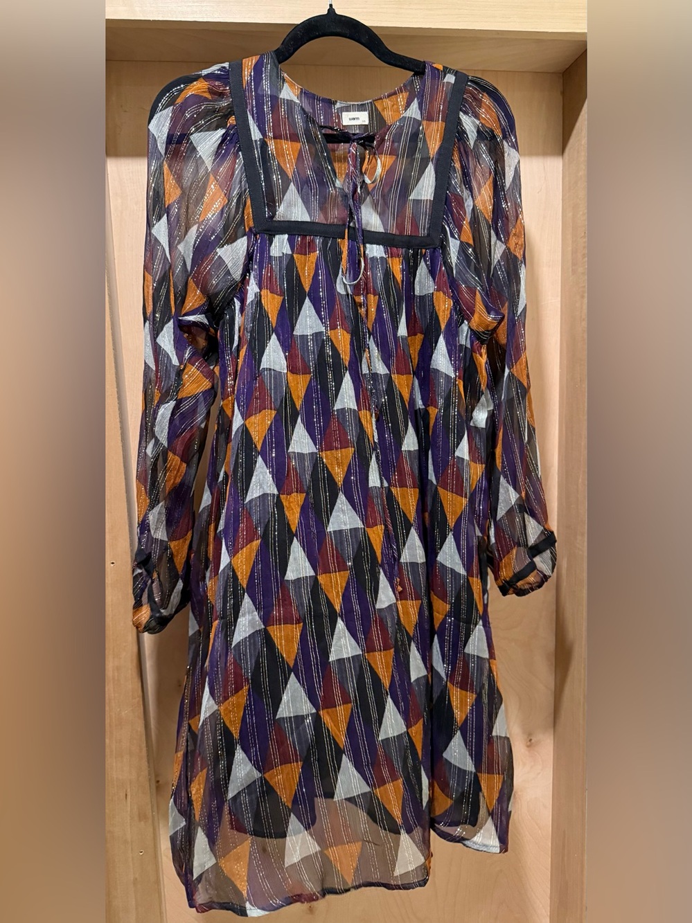 Warm Multicolor Geometric Tunic with Metallic Stripes Size Small Silk